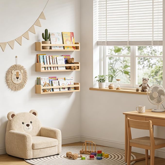Floating Wall Nursery Book Shelves, 23.6 Inch, Natural Color | Wooden Baby Book - Image 2