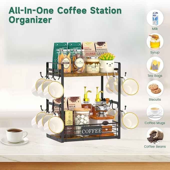 EsLuker.ly Coffee Mug Cup Holder Tree Bar Station Organizer, 2 Tier Mug Stand - Image 4