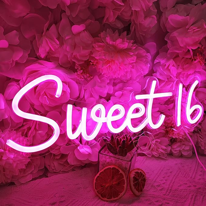 SYLHOME Pink Sweet 16 LED Neon Light Sign Sweet Girls Adults Bedroom Happy 16th by SYLHOME