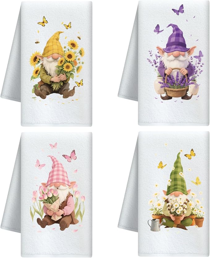 CUTHOLLOW Gnome and Flower Decorative Kitchen Towels Set of 4, 15.74"x23.62" by CUTHOLLOW