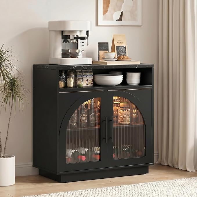 Coffee Bar Cabinet with Storage and LED Lights, Entryway Accent Cabinet | 31.5" by SOLACEFURNITURE