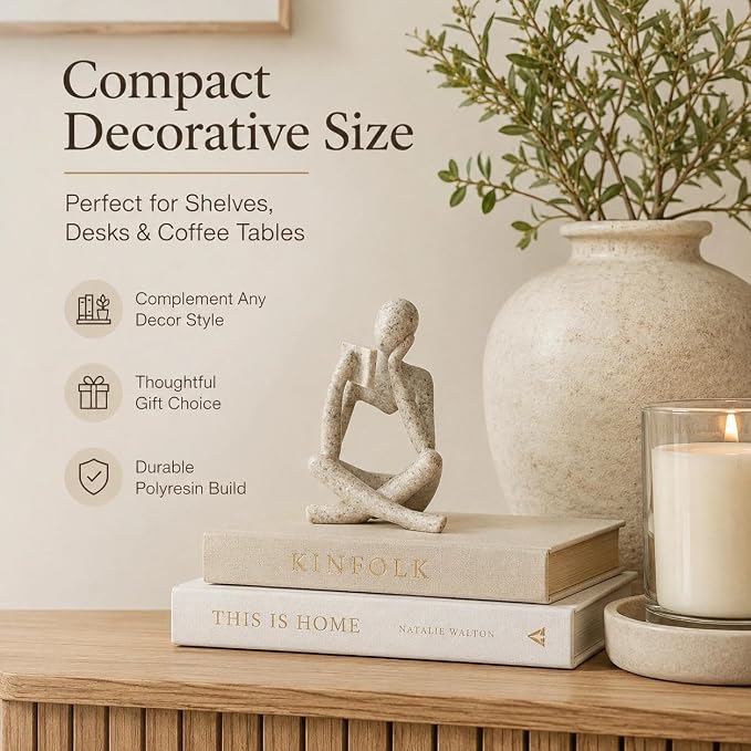 Bookshelf Decor Thinker Statue, Sand Abstract Reading Figurine, Resin - Image 3