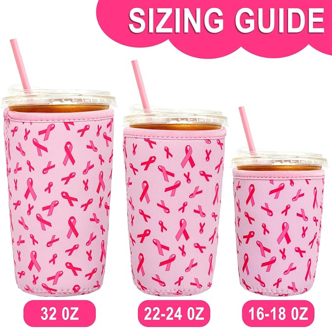 3 Pack Reusable Iced Coffee Cup Sleeve Pink Ribbon Beverage Holder - Image 2