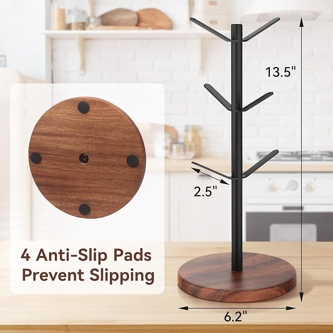 Coffee Mug Tree Holder Countertop, Non-Slip Walnut Wood Mug Rack - Image 2