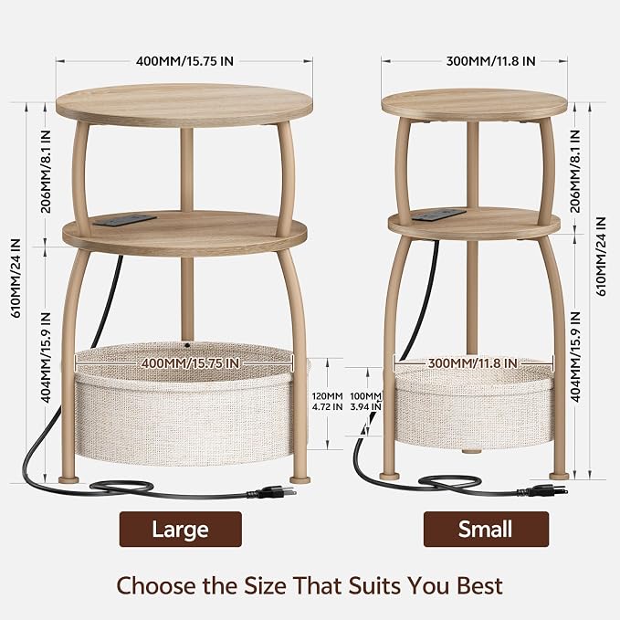 Round Side Table with Charging Station, USB Type C Port, Oak | End Table with - Image 3
