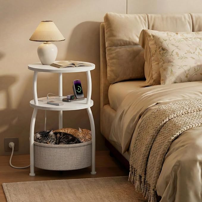 Round Side Table with Charging Station, USB Type C Port, Tall Side Table - Image 4