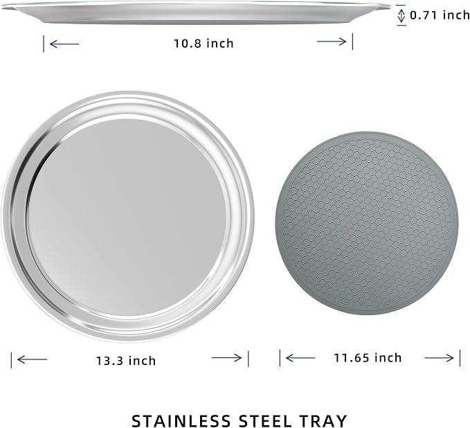 Stainless Steel Round Serving Tray 13.3 Inches Bar Silver Tray 2 Packs - Image 2