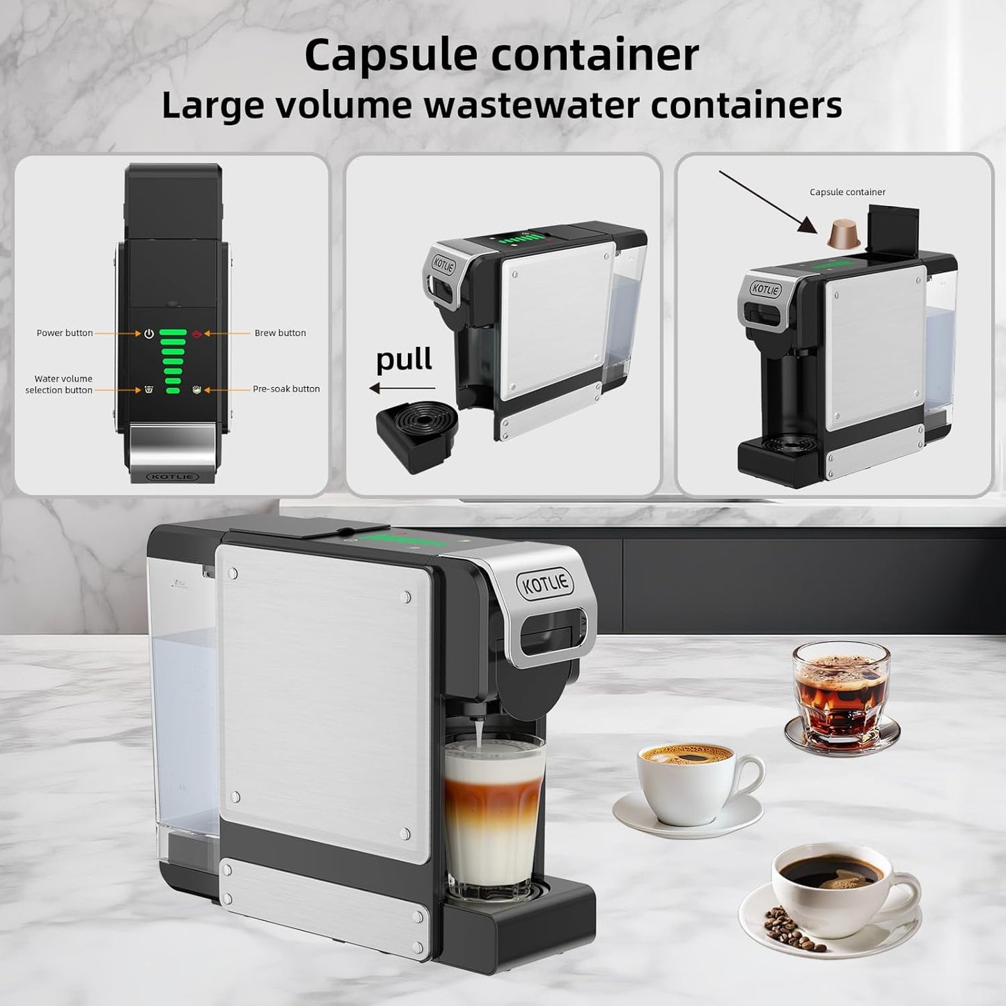 KOTLIE ST-550 Single Serve Coffee Maker, Espresso Capsule Coffee Maker for K*cup capsule/Ne*s Original/Dol*e Gu*to and Ground Coffee, 19Bar, 1L, Compact（Black）