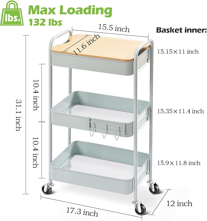 TOOLF 3-Tier Rolling Cart with Table Top, Metal Storage Cart on Wheels - Image 6