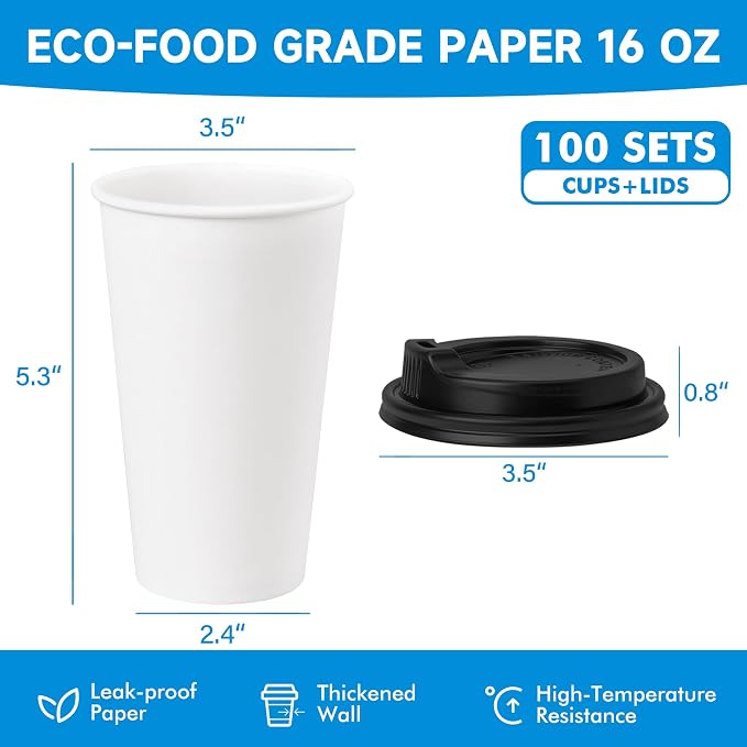 RACETOP Coffee Cups with Lids 16 oz 100 Pack, Disposable Paper Cups with Lids - Image 2