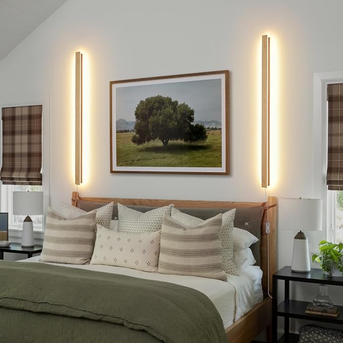 Modern Plug in Long Wall Sconce, 39.3" Faux Wood Texture Finish LED Wall Lights - Image 6