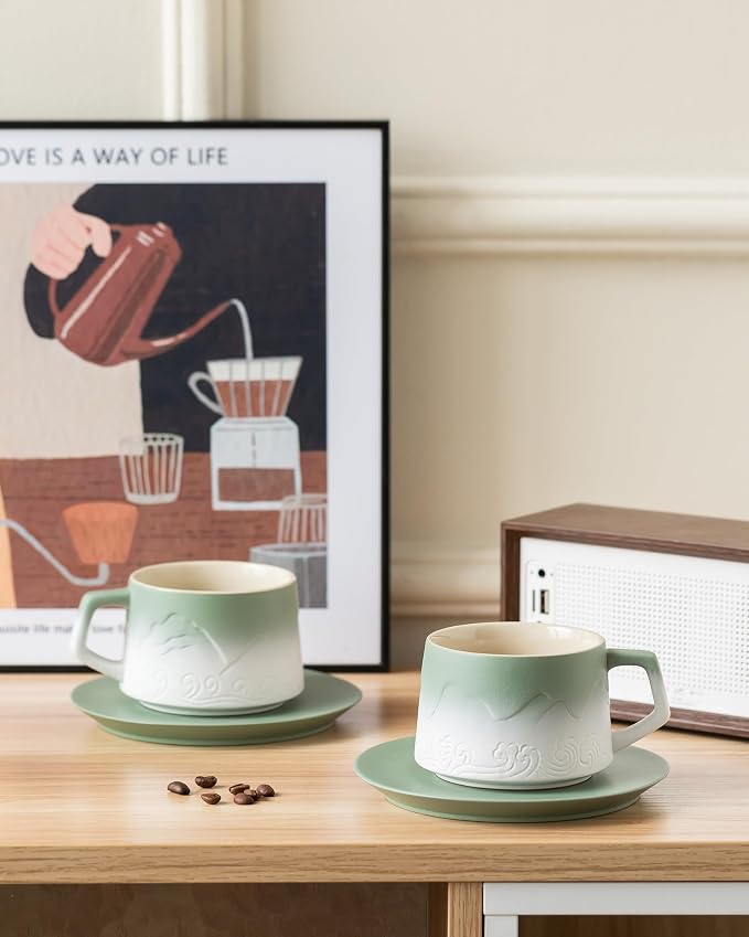 ZENS 8 Ounce Artistic Cappuccino Cups Set of 2, Embossed Ceramic Coffee Mug - Image 2