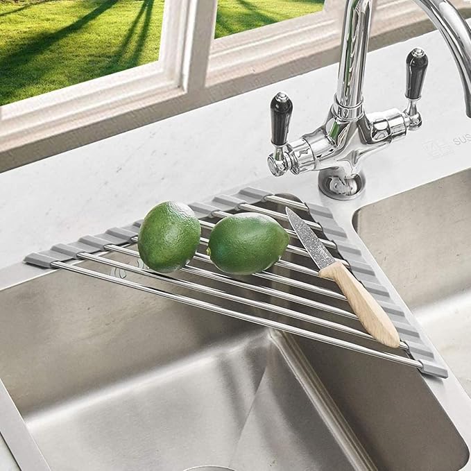 Triangle Dish Drying Rack for Sink Corner Roll Up Folding Stainless Steel - Image 6