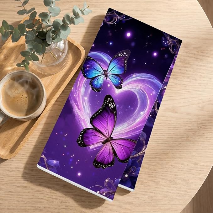 2 Pcs Purple Butterfly Kitchen Towels, Butterfly Soft Absorbent Tea Hand Towel - Image 3