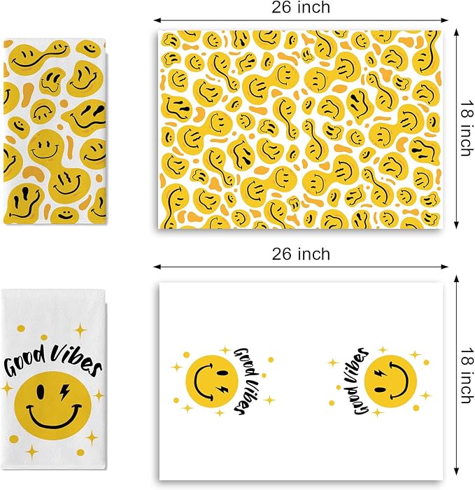 Good Vibes Smiley Face Kitchen Dish Towels Set of 2, Positive Hippie Smiles - Image 2
