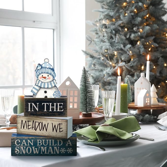Yuntau 4 Pcs Winter Table Decoration Blue Snowman Decor Winter Tiered Tray - Image 6