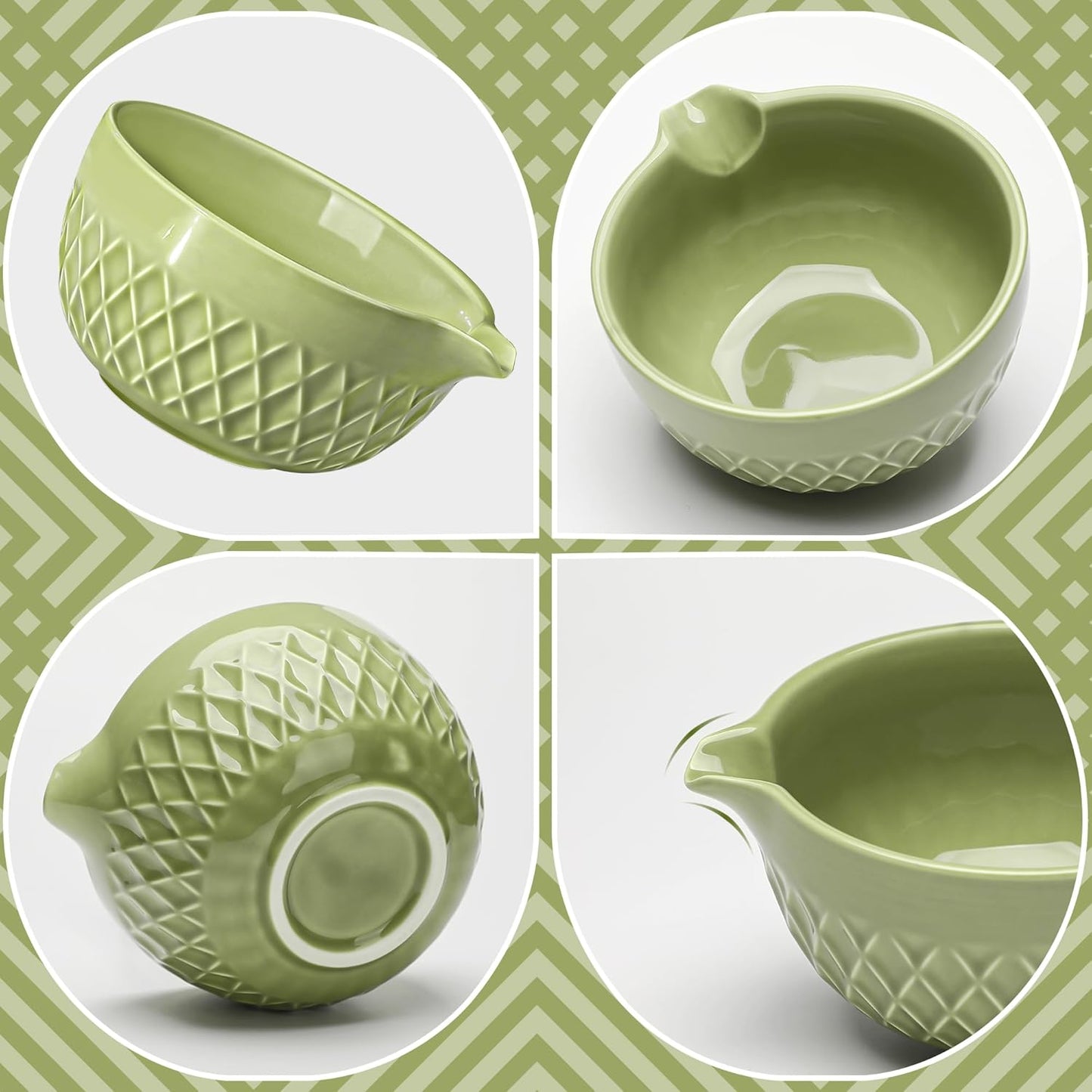 Matcha Whisk Set, 7 Pcs Matcha Kit, Ceramic Matcha Set Includes Matcha Bowl with Spout, Matcha Whisk and Holder, Bamboo Scoop, Scoop Rest, Sifter and Tea Towel (Matcha Green)