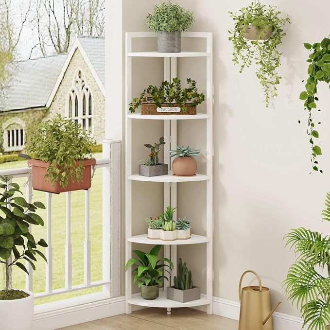 FATORRI Tall Corner Shelf, 5 Tier Modern Corner Bookshelf Stand, Wood and Metal - Image 6