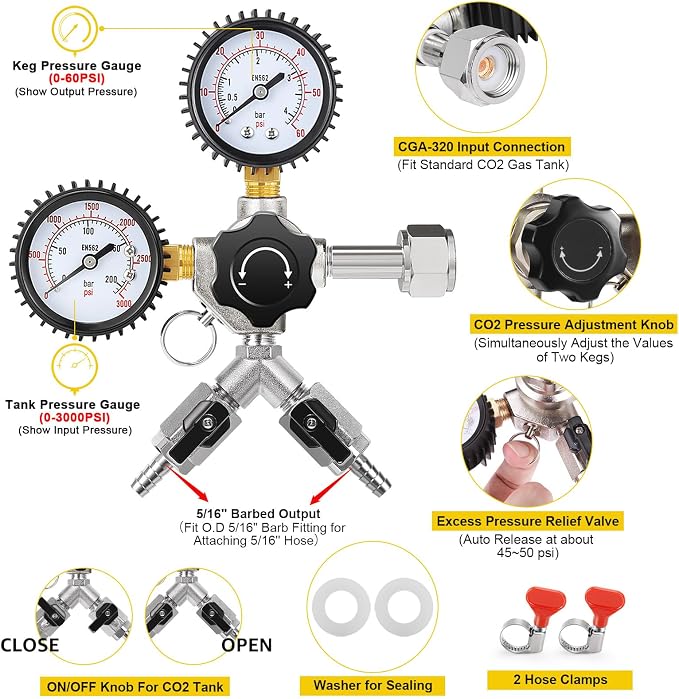 Dual Output CO2 Regulator for Kegerator 0-60psi Beer Keg Regulator 0-3000psi - Image 2