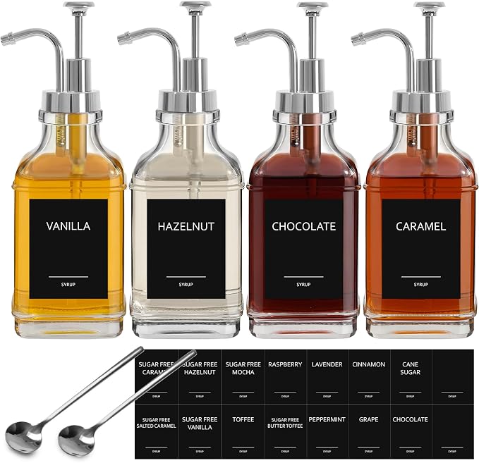 16.9 fl oz/500ml Coffee Syrup Dispenser Set, Coffee Bar Accessories, 4 Glass by ALPIRIRAL