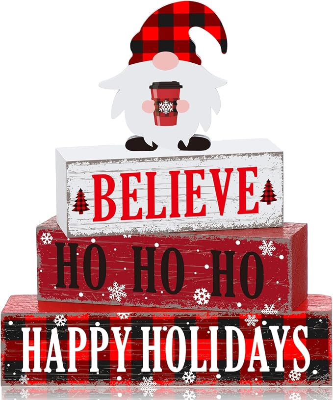 Geelin 4 Pcs Christmas Wooden Table Decorations Xmas Red and White Buffalo by Geelin