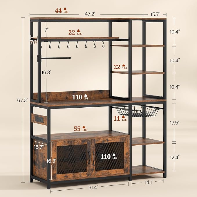 47.2 in Bakers Rack with Power Outlet & LED Light, Coffee Bar with Coffee Pod - Image 2