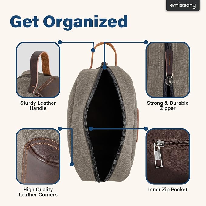 emissary Men's Canvas Travel Toiletry Bag, Leather Dopp Kit - Image 2
