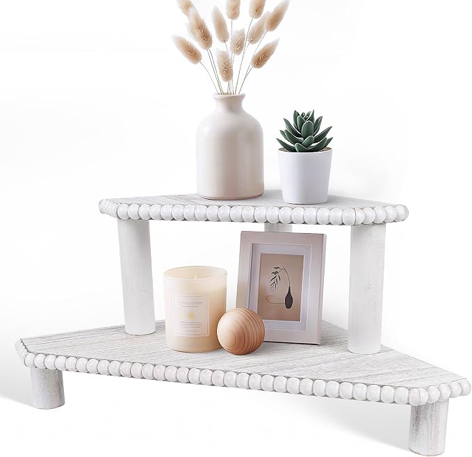 2-Tier Rustic Corner Shelf for Kitchen Counter, Wood Beaded Farmhouse by MITREL