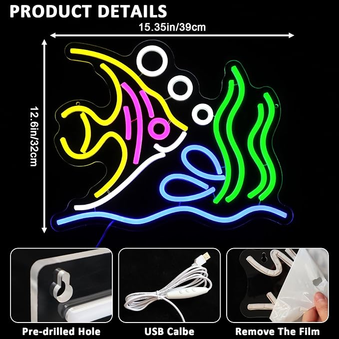 Tropical Fish Neon Sign For Wall Decor, Fish Led Signs For Room, USB Dimmable - Image 2