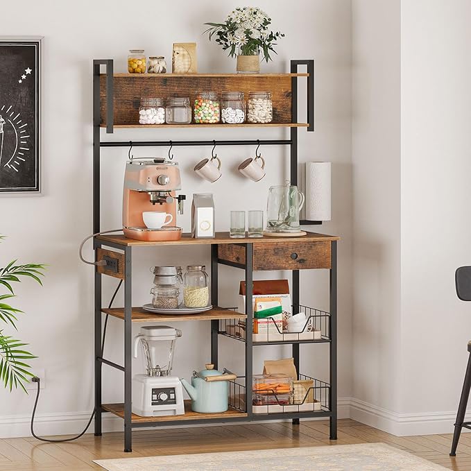 HOOBRO Bakers Rack with 4 AC Power Outlets, 5-Tier Coffee Bar with Wire Basket - Image 4