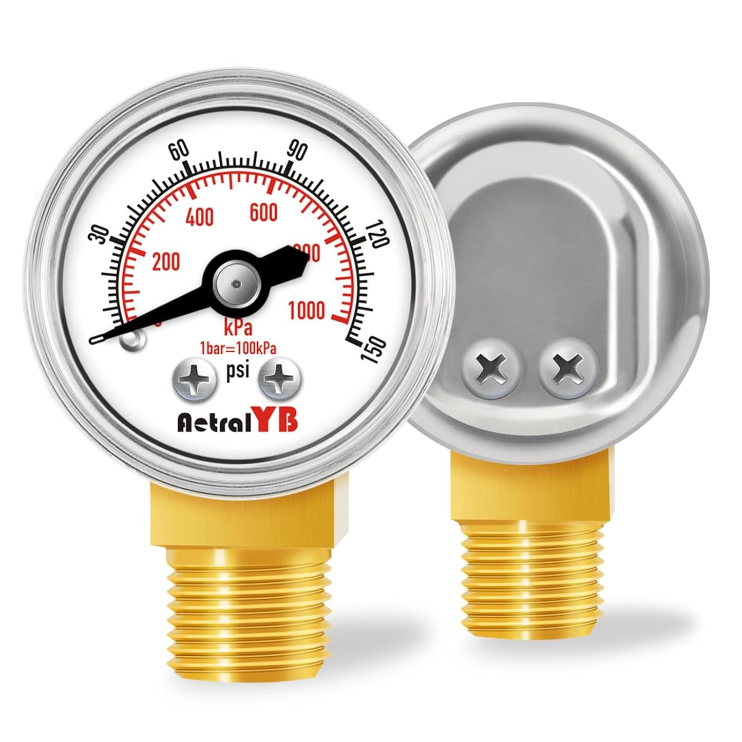 1-Inch Mini Pressure Gauge, 0-150 PSI / 0-1000 kPa, High-Pressure Dual-Scale Air Pressure Gauge, Stainless Steel Case, 1/8” NPT Bottom Mount for Hydraulics and Compressed Air Systems