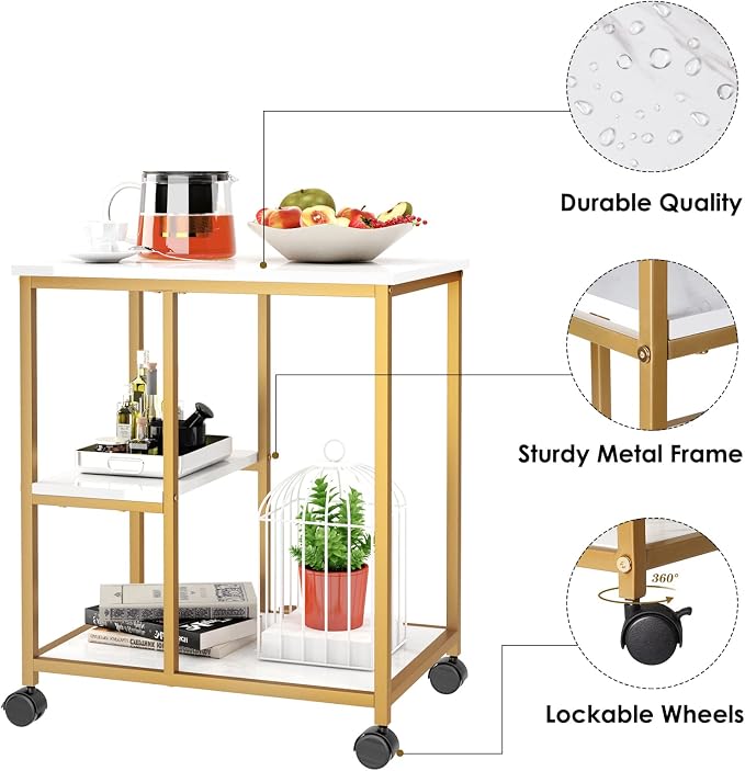 SogesHome Gold Bar Cart, Utility Bar Serving Cart Kitchen Island Rolling Cart - Image 5