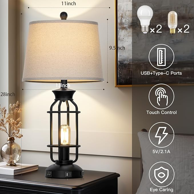 28" Vintage Table Lamps with USB C+A Ports & AC Outlet, Industrial Farmhouse - Image 3