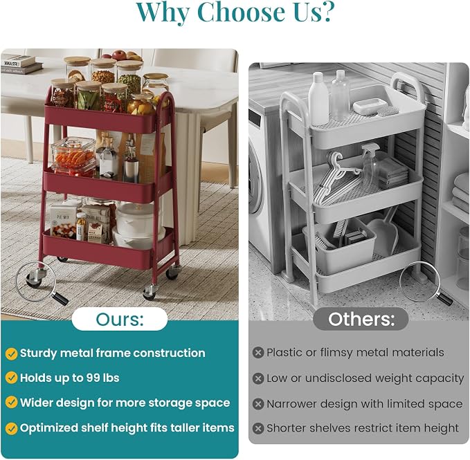 OLIXIS Metal 3 Tiers Utility Rolling Cart, Mobile Storage Shelf - Image 7