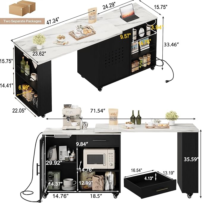 HSH Kitchen Island with 360° Swivel Table & Power Outlet, Rolling Kitchen - Image 2