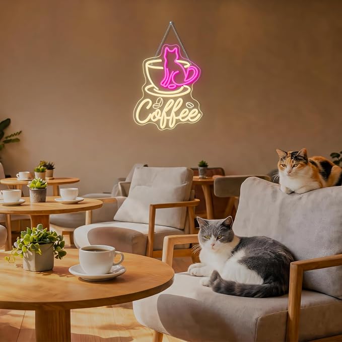 Cat Cafe Neon Sign Coffee Bar Sign Pink Cat Neon Light Cafe LED Light - Image 2