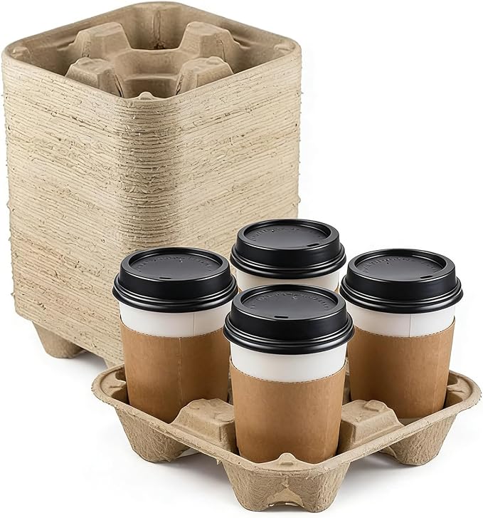 4 Cup Disposable Drink Carrier Trays, 50 Pack Wheat Straw & Sugarcane Pulp by Hanaruer