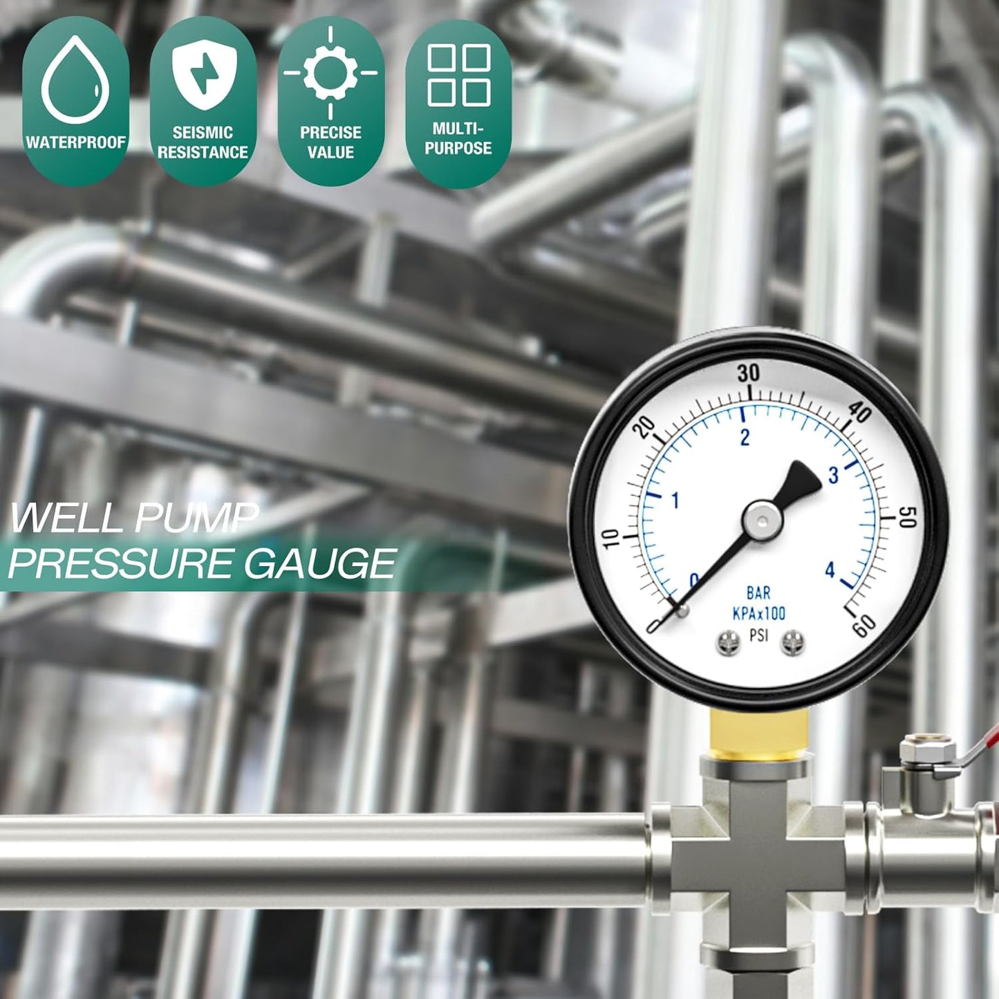 0-60psi Well Pump Pressure Gauge 1/4" NPT 2" Face Dial Size Lower Mount, Multifunctional Practical Dry Pressure Gauge, for Water, Oil and Air Compressor