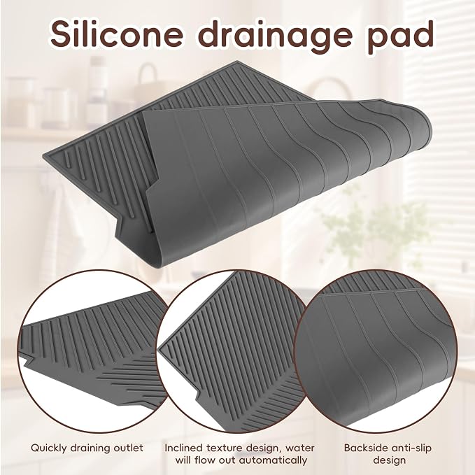 Silicone Dish Drying Mat with Drain Lip 17” x 13”, Heat-Resistant Sloped Sink - Image 6