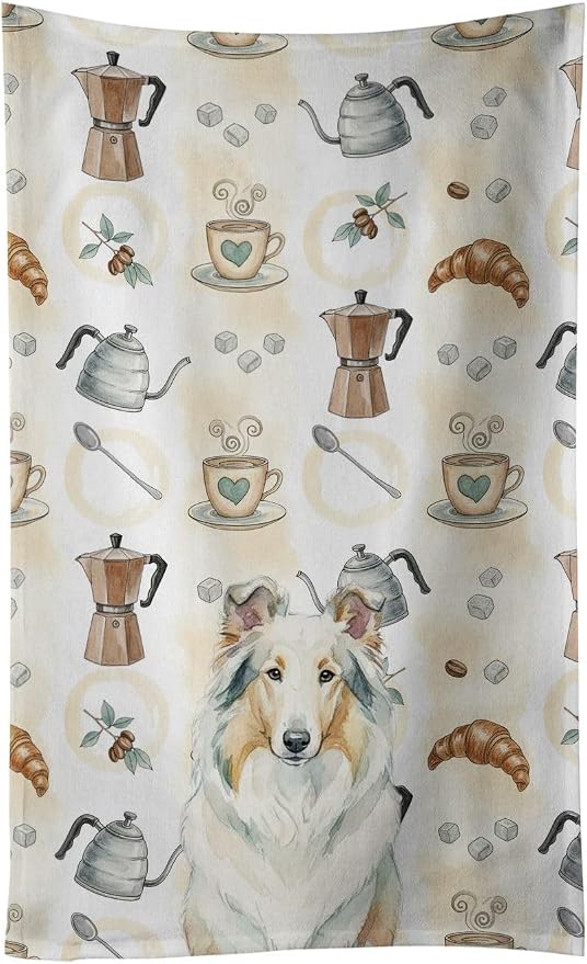 Caroline's Treasures White Collie Coffee Bar Kitchen Towel Velour Plush Front by CarolinesTreasures