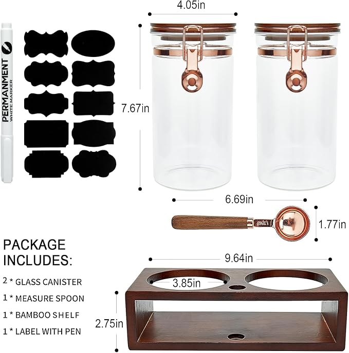 Glass Coffee Container with Wooden Shelf, 2 x 40 FLOZ Coffee Bean Storage with - Image 2