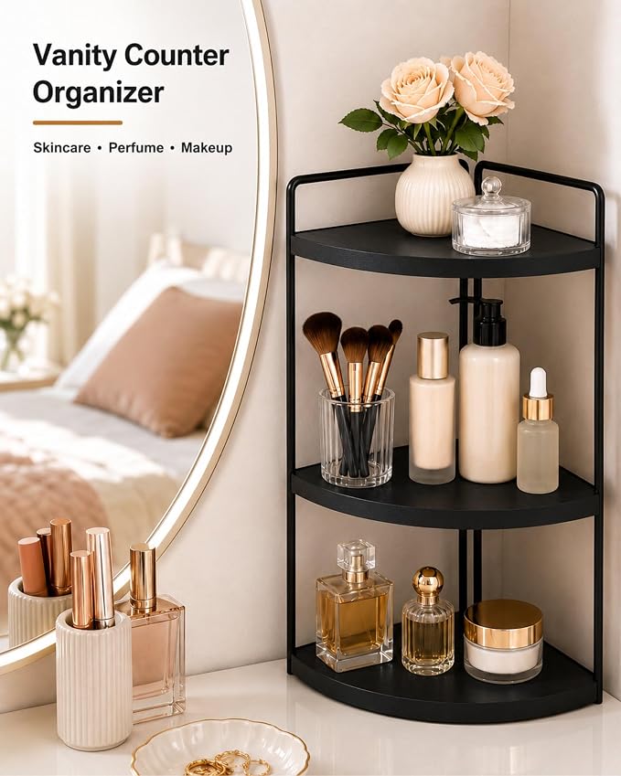 3-Tier Corner Bathroom Counter Organizer, Solid Pine Vanity Shelf, or coffee - Image 5