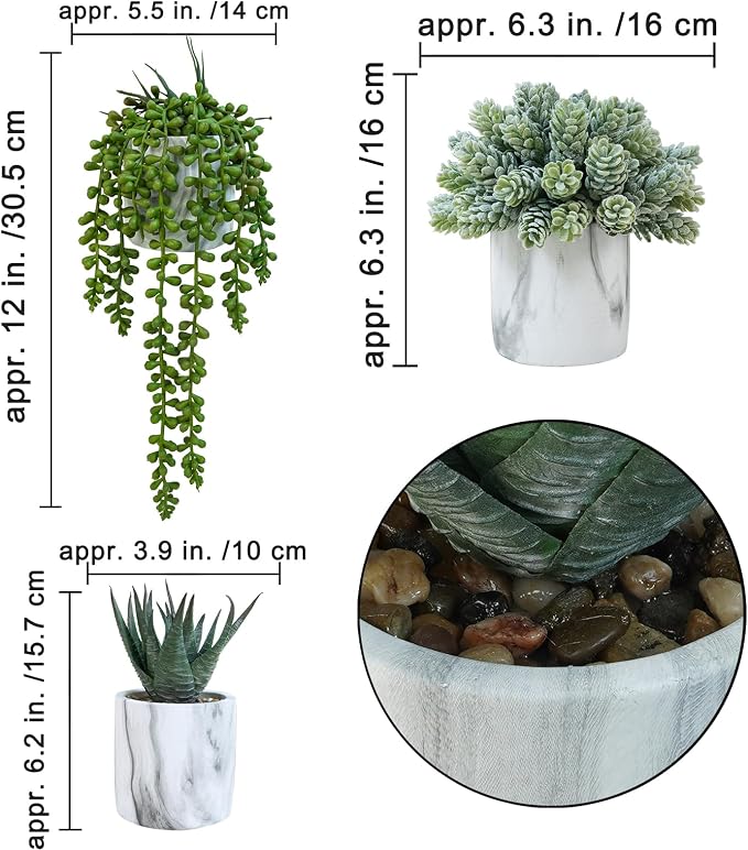Winlyn Set of 3 Small Artificial Succulent Potted Plants Fake Aloe Hops String - Image 2