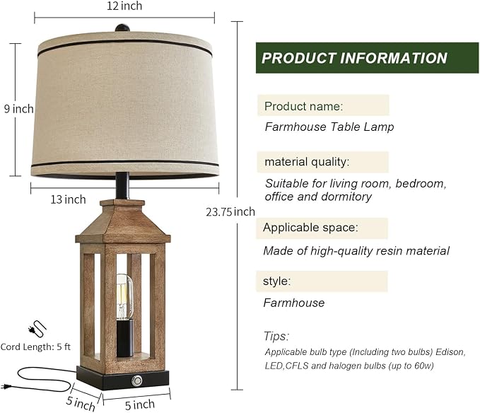 G-SAFAVA 23.75" Farmhouse Table Lamps USB A+C Charging Ports 3-Way Dimmable - Image 7