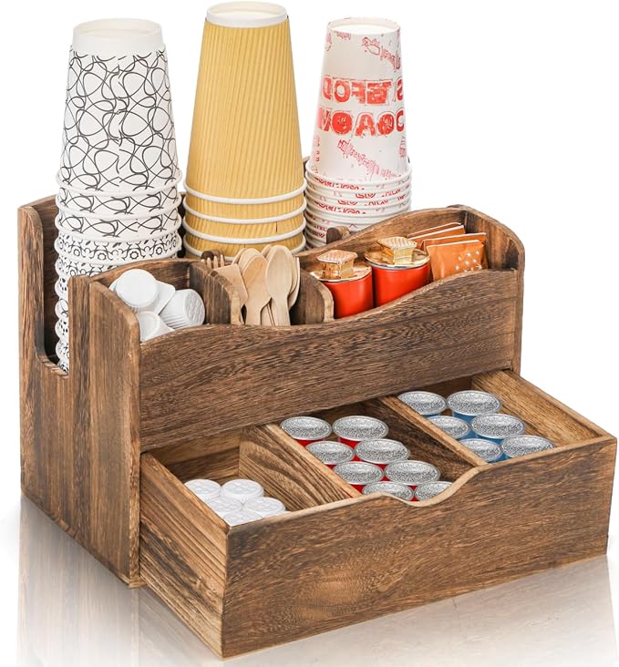 Coffee Station Organizer, Wood Countertop Coffee Bar Supplies Caddy by Acshio