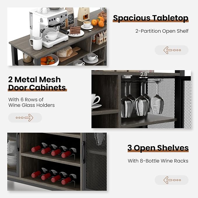 Giantex Coffee Bar Cabinet for Liquor and Glasses, 6 Rows of Wine Glass Holders - Image 6