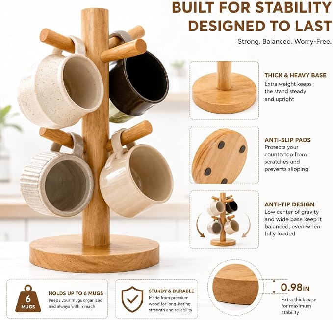 Wooden Mug Tree Stand for Countertop, Coffee Mug Holder Rack - Image 5