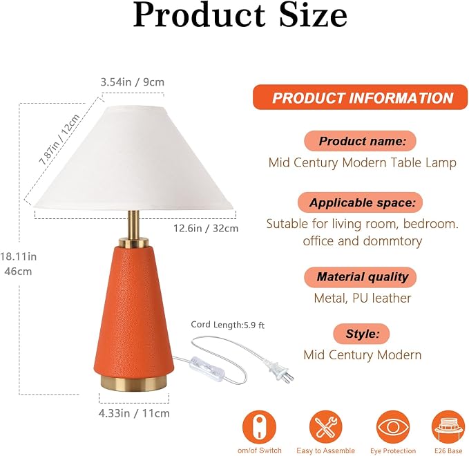 18.11 Inch Mid Century Modern Orange Table Lamp Set of 2, MCM - Image 3