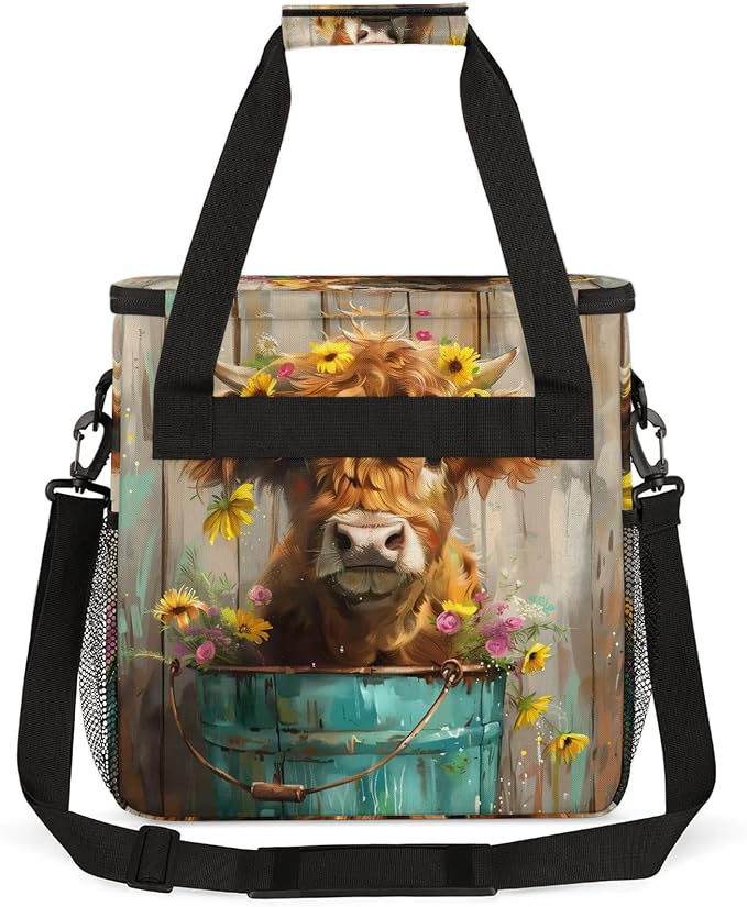 Highland Cow Wood Print Coffee Maker Carring Bag, Large Insulated Storage - Image 5