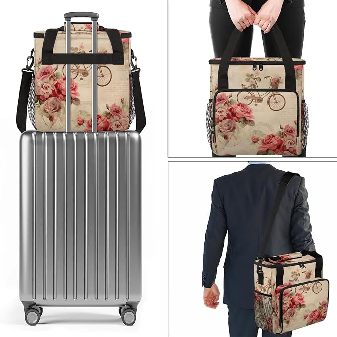 Vintage Rose Bicycle Flower Coffee Maker Carring Bag, Large Insulated Storage - Image 7